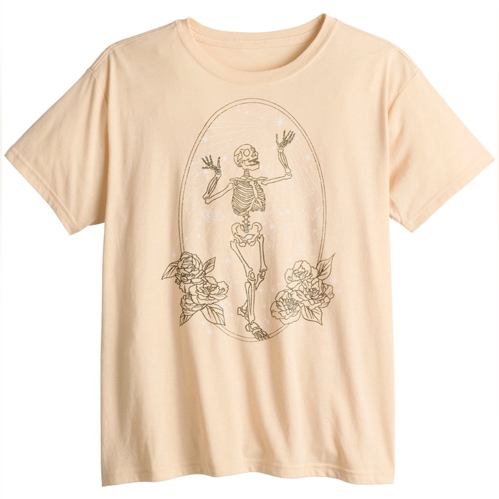 Juniors Mighty Fine Size XS Floral Skeleton Raining Stars Graphic Tee Halloween